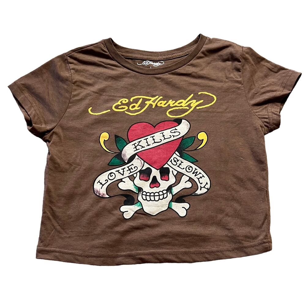 Vintage Y2K Ed Hardy Love Kills Slowly Brown Crop Top Large